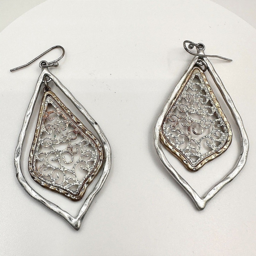 Vintage 90s Metal Filigree Teardrop Dangle Earrings Silver & Gold Tone Boho Y2K